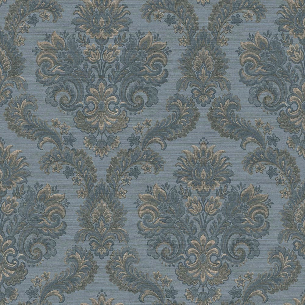 Blue damask wallpaper with subtle gold accents, ornate scrolling floral motifs for traditional interiors.