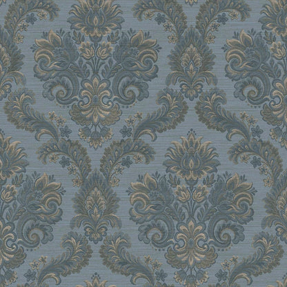 Blue damask wallpaper with subtle gold accents, ornate scrolling floral motifs for traditional interiors.