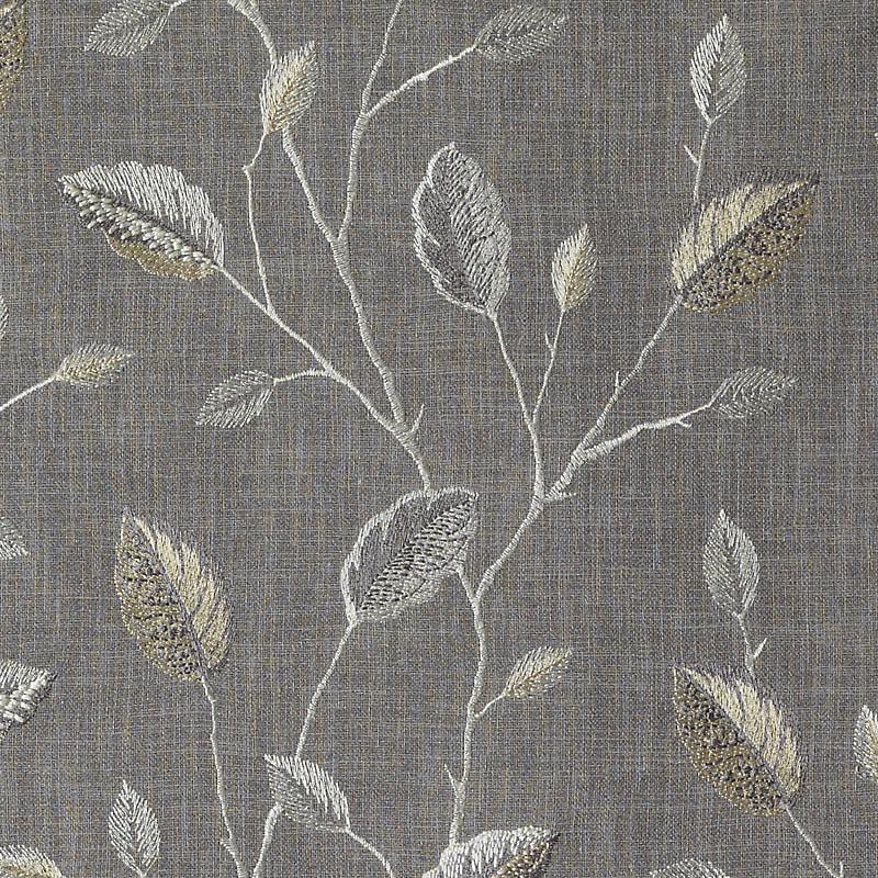 Grey linen-style fabric with white and metallic gold embroidered branches and leaves, ideal for upholstery.