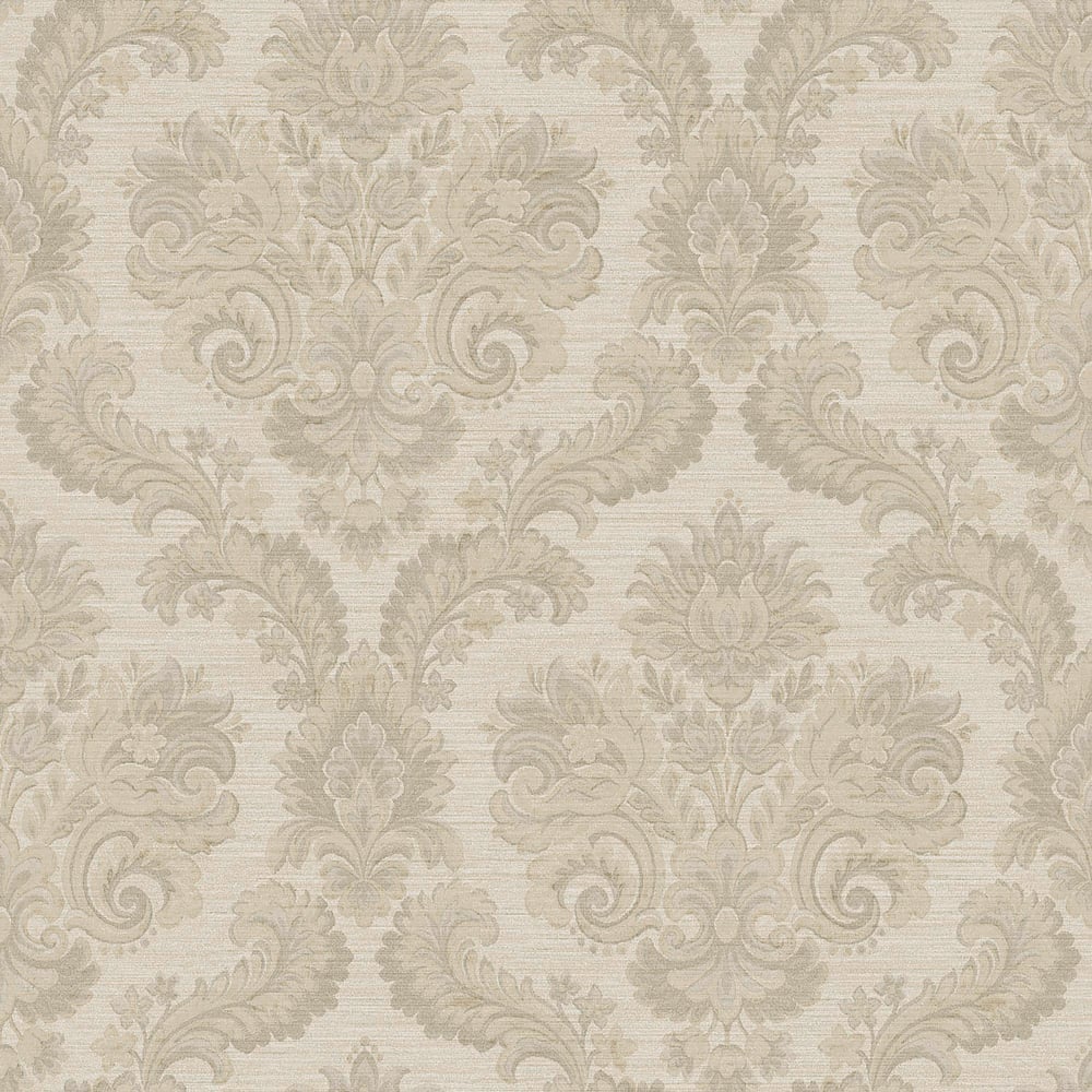 Beige damask pattern with ornate scrolls and floral motifs on a light beige background; textured wallpaper.