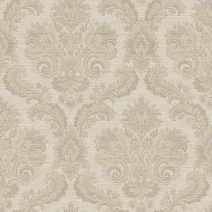 Beige damask pattern with ornate scrolls and floral motifs on a light beige background; textured wallpaper.