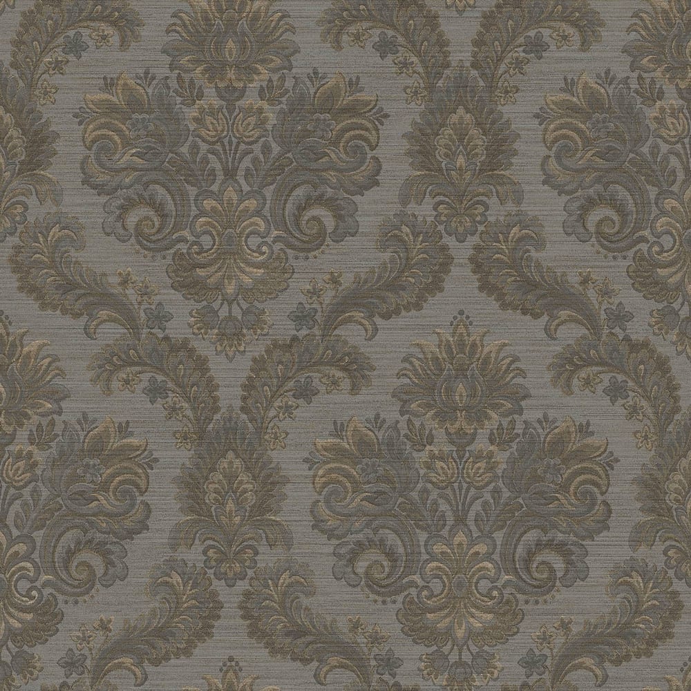Beige and grey textured damask wallpaper featuring a gold-toned scrolling floral pattern.