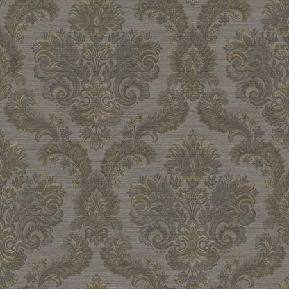 Beige and grey textured damask wallpaper featuring a gold-toned scrolling floral pattern.