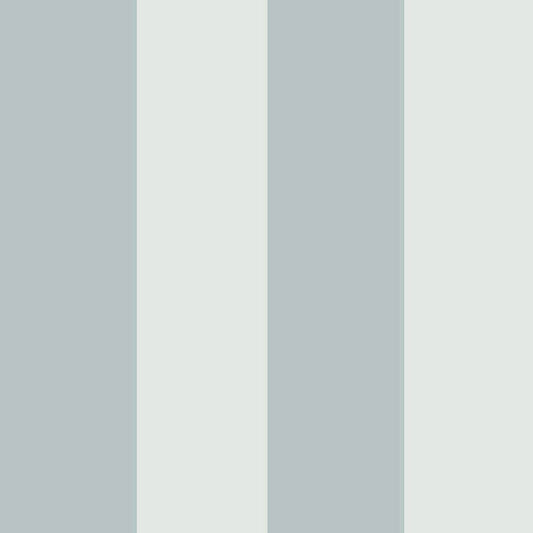 Vertical striped wallcovering in muted blue-gray and ivory tones; textured wide stripe design.