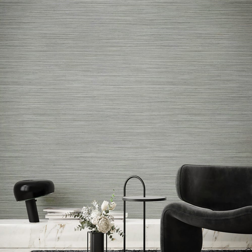 Blue and beige horizontal textured wallcovering on a wall.