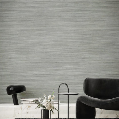 Blue and beige horizontal textured wallcovering on a wall.