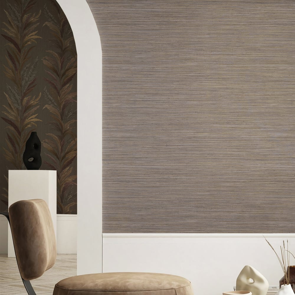Beige and brown horizontally textured wallpaper in a modern living room.