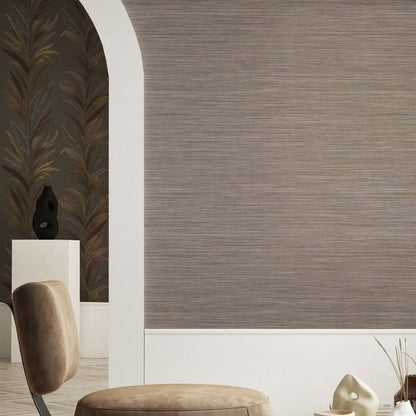 Beige and brown horizontally textured wallpaper in a modern living room.
