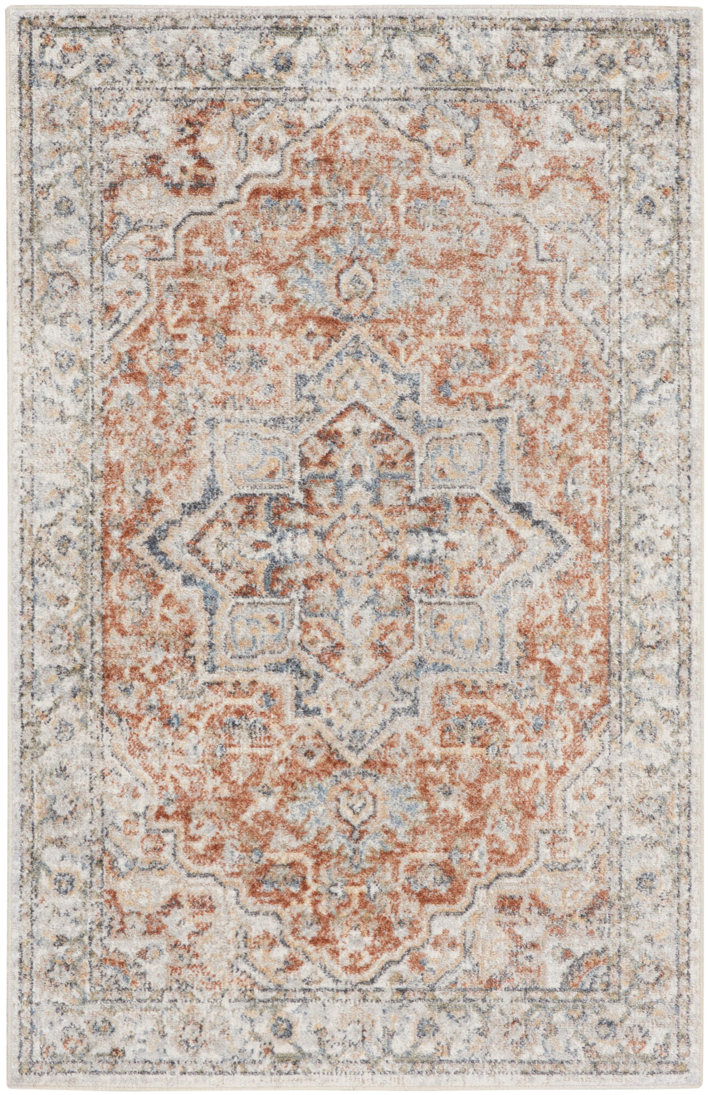 Distressed Persian-style rectangular rug featuring a central medallion, coral, blue and ivory tones.