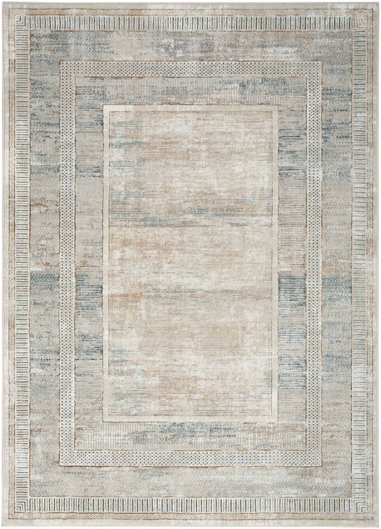 Rectangular distressed blue and ivory area rug with beige border and cream center in a modern style.