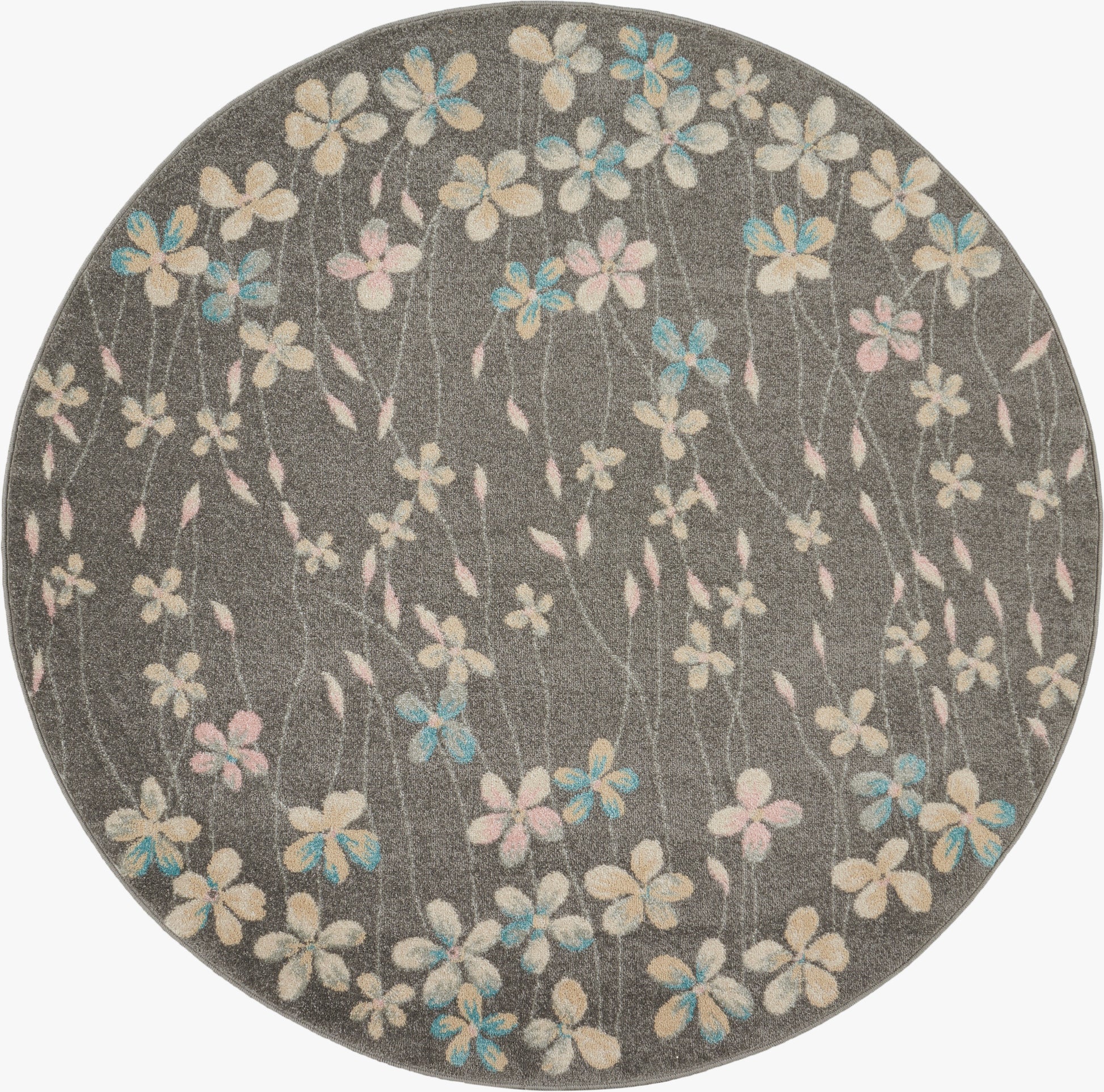 Round gray rug with scattered pastel blue, pink and cream flowers.