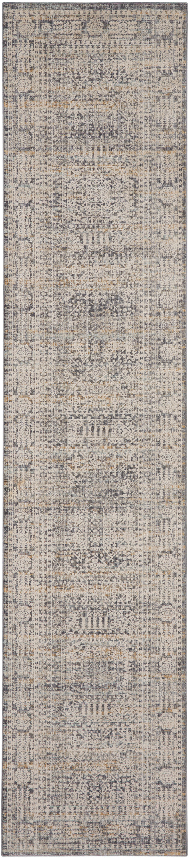 Distressed Persian-style runner rug in muted grey, tan and ivory with vintage medallion patterns for hallways.