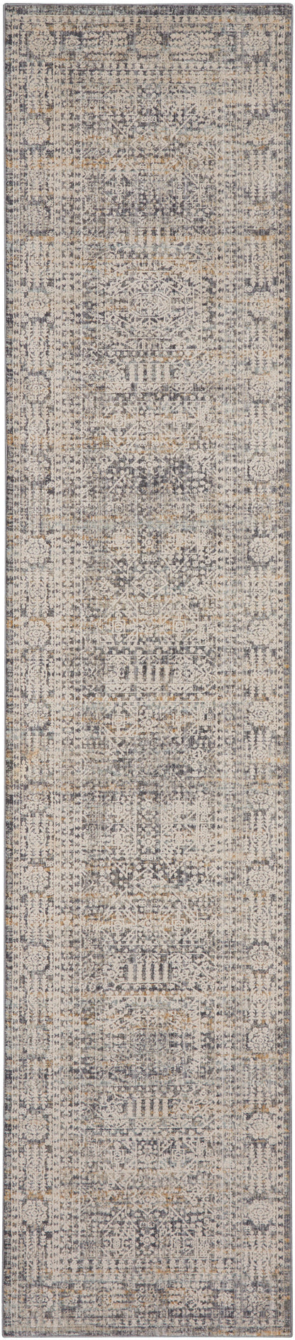 Distressed Persian-style runner rug in muted grey, tan and ivory with vintage medallion patterns for hallways.