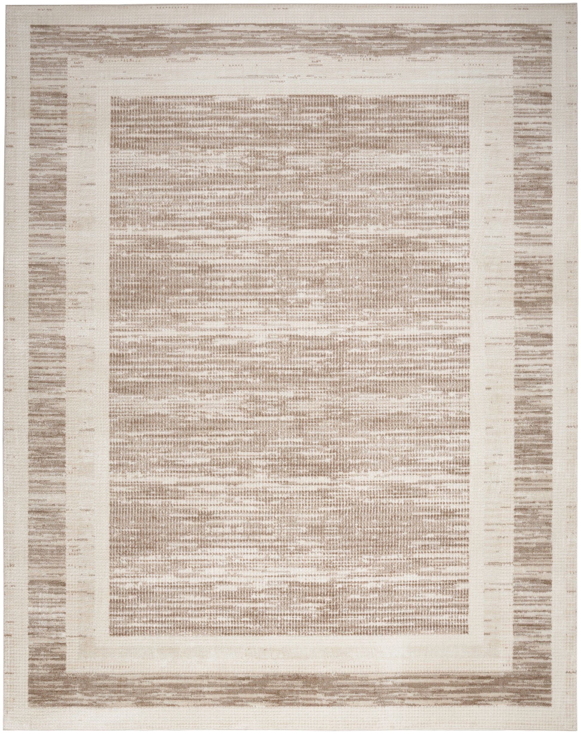 Neutral cream and taupe flat-weave rug with a textured central field framed by double beige borders.