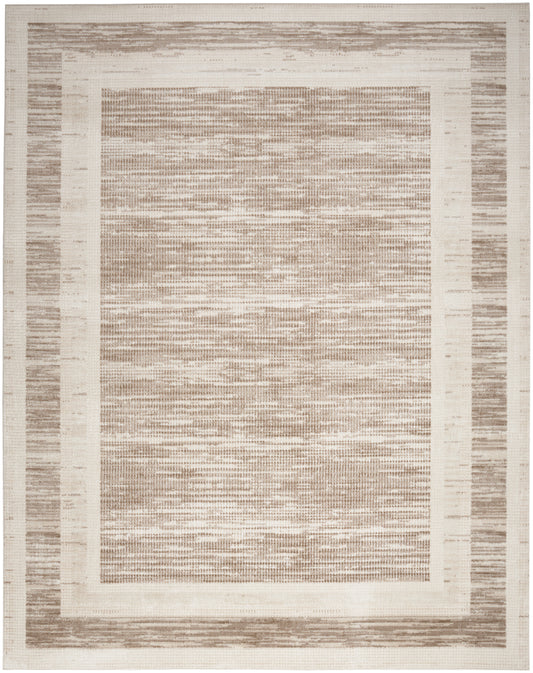 Neutral cream and taupe flat-weave rug with a textured central field framed by double beige borders.