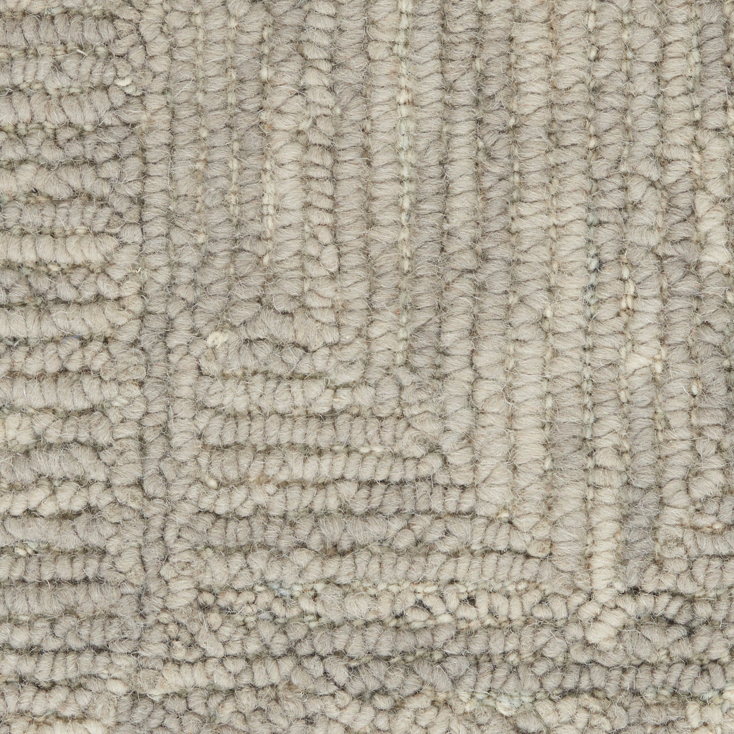 Beige-gray loop-pile rug with plush shag texture and geometric rectangular pattern.