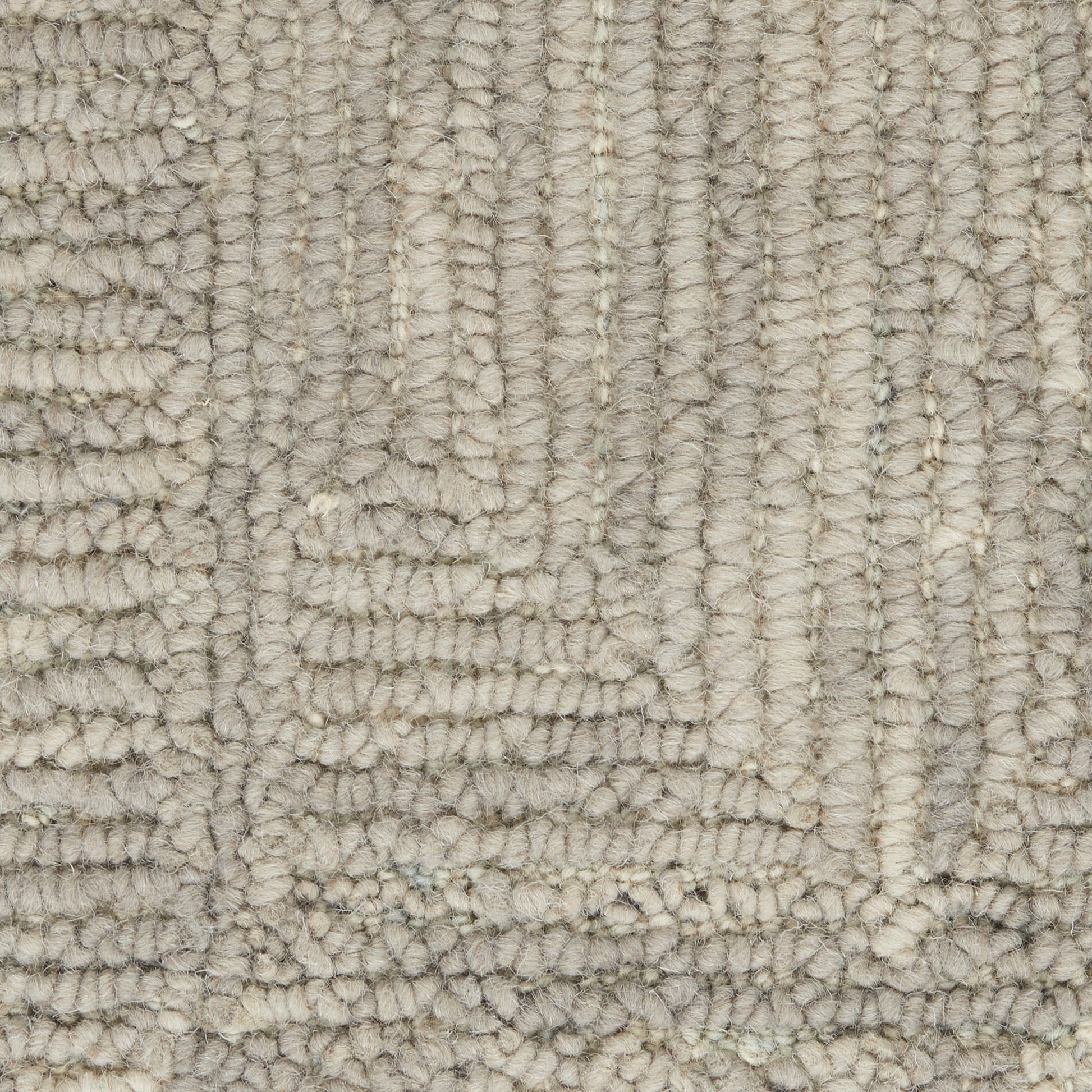Beige-gray loop-pile rug with plush shag texture and geometric rectangular pattern.
