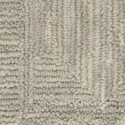 Beige-gray loop-pile rug with plush shag texture and geometric rectangular pattern.
