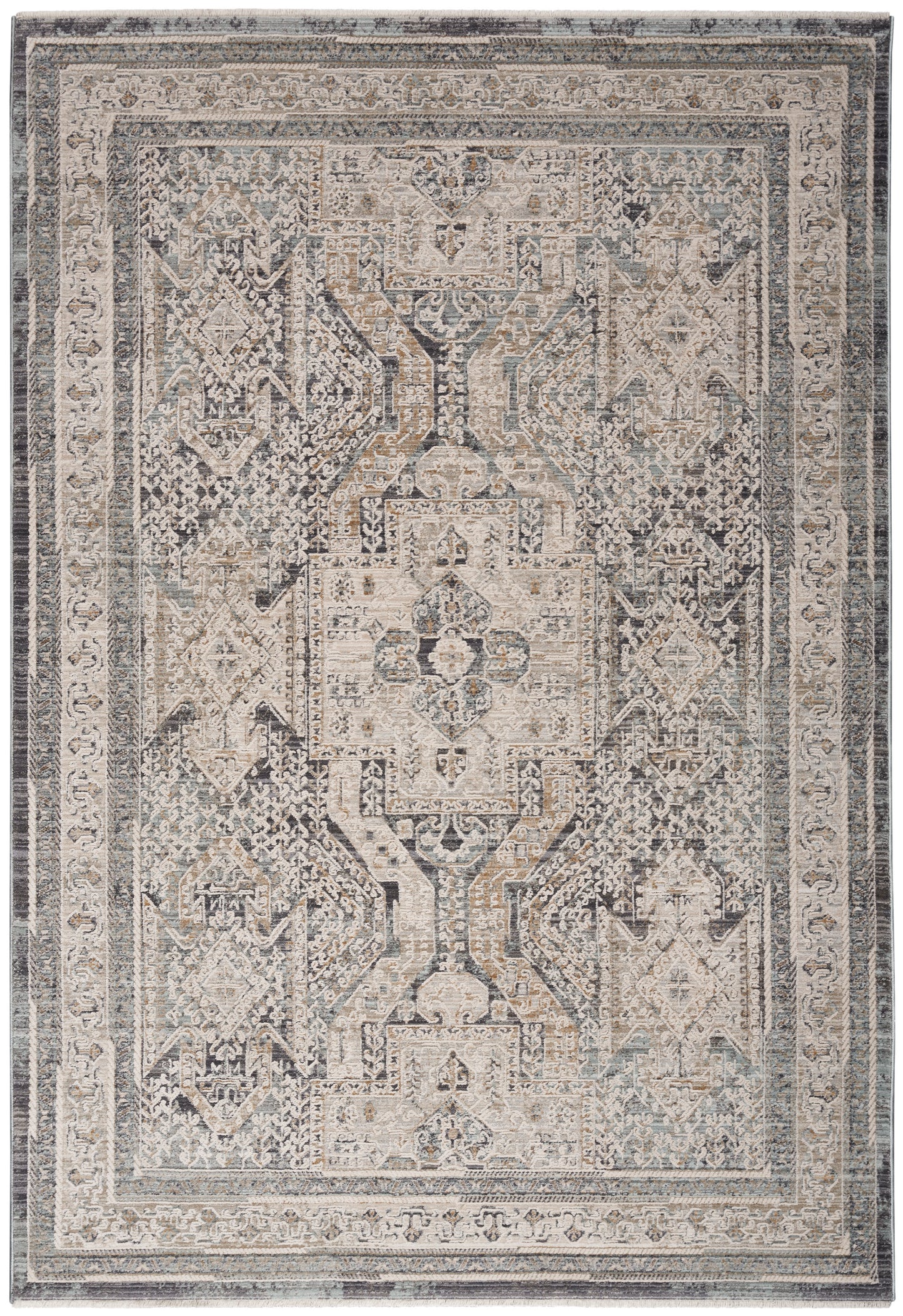 Rectangular distressed vintage rug with geometric central medallion, ivory, beige, gray and blue tones, ornate border.