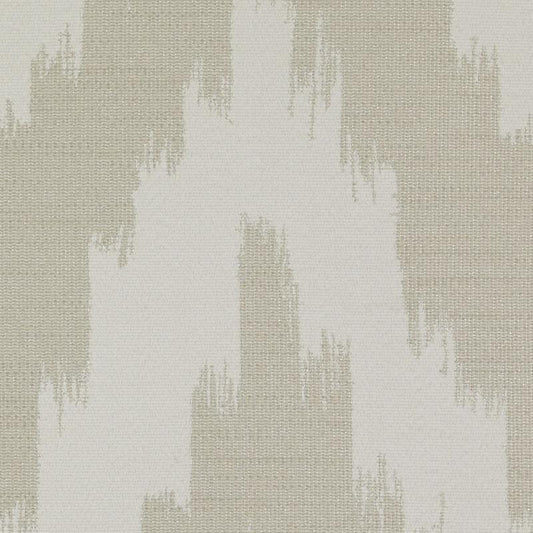 Neutral beige and taupe woven fabric with cream zigzag chevron ikat pattern.