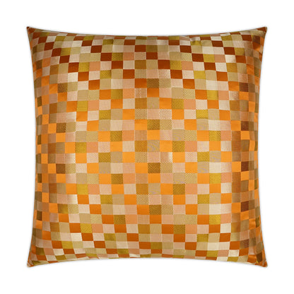 Square decorative pillow in orange plaid with a satin-like sheen, ideal for sofa decor.