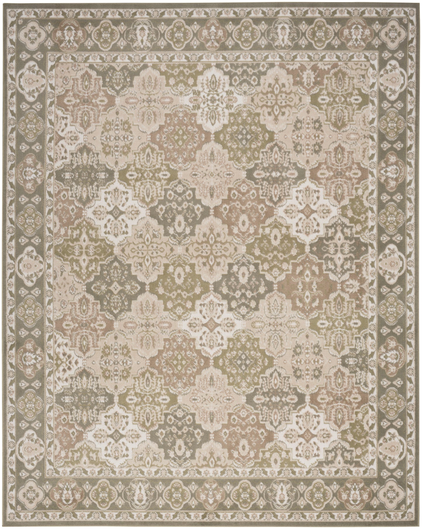 Traditional oriental area rug in ivory, beige, sage and taupe with ornate floral medallion pattern and border.