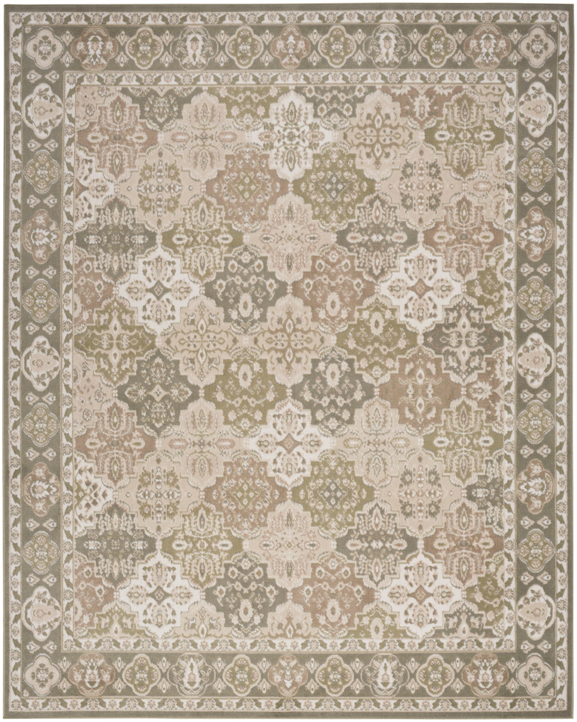 Traditional oriental area rug in ivory, beige, sage and taupe with ornate floral medallion pattern and border.