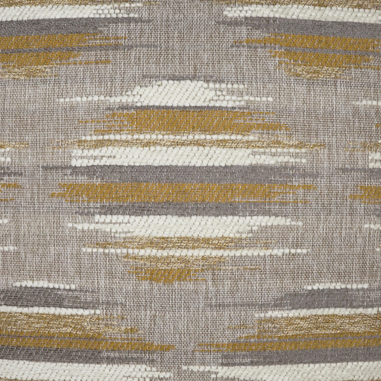 Textured woven fabric with grey base and mustard-yellow and white geometric stripe pattern.