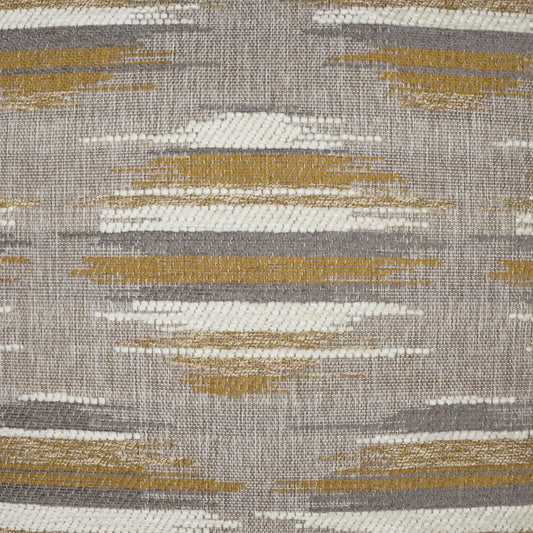 Textured woven fabric with grey base and mustard-yellow and white geometric stripe pattern.