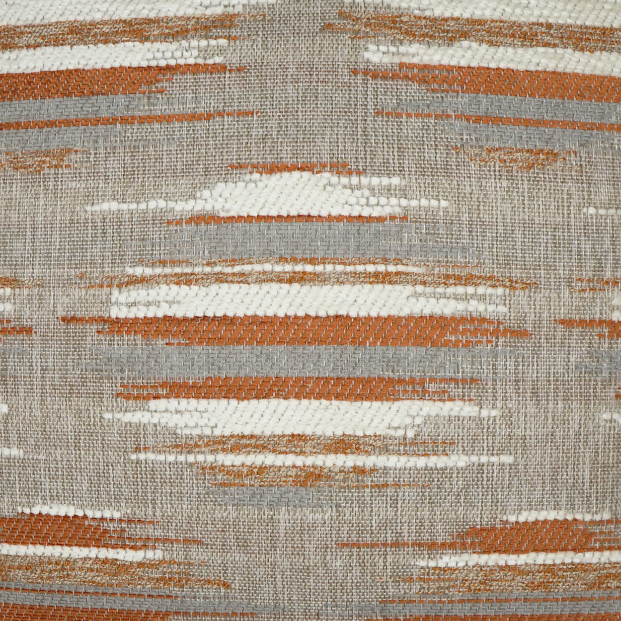 Textured woven fabric with irregular orange and white brushstroke stripes on taupe-gray background.
