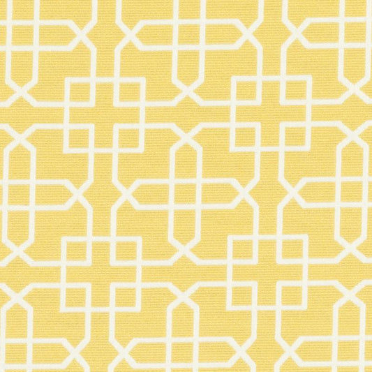 Yellow upholstery fabric with a white interlocking square lattice pattern.