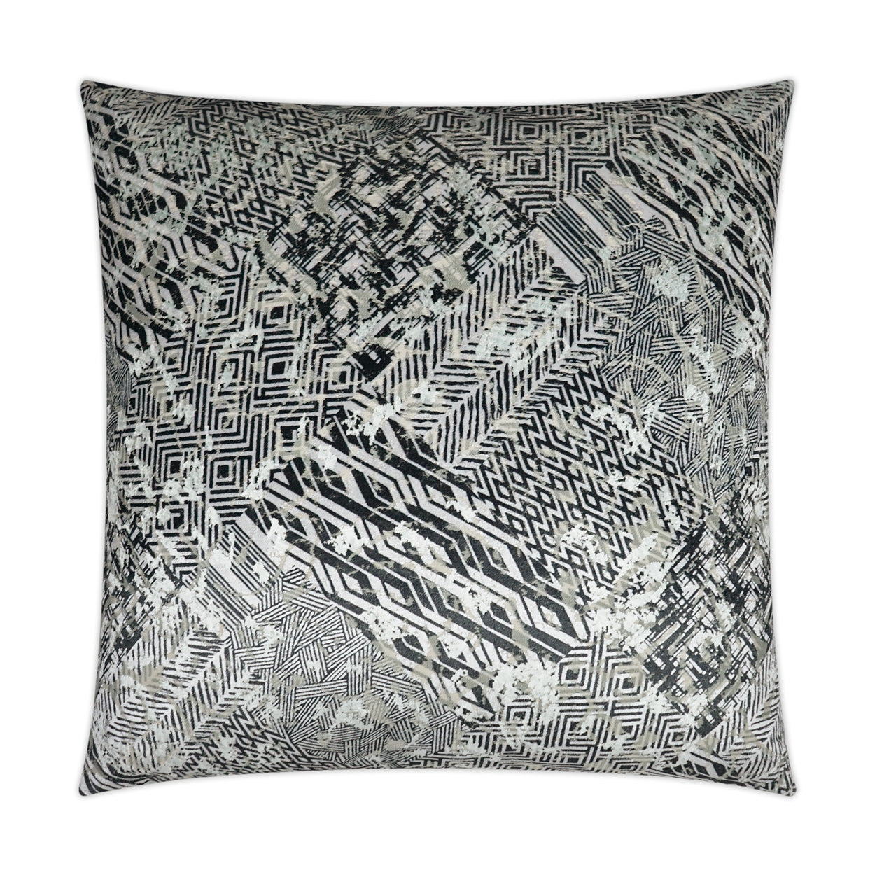 Square decorative throw pillow in black, white and gray with a distressed geometric tribal pattern.