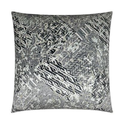 Square decorative throw pillow in black, white and gray with a distressed geometric tribal pattern.