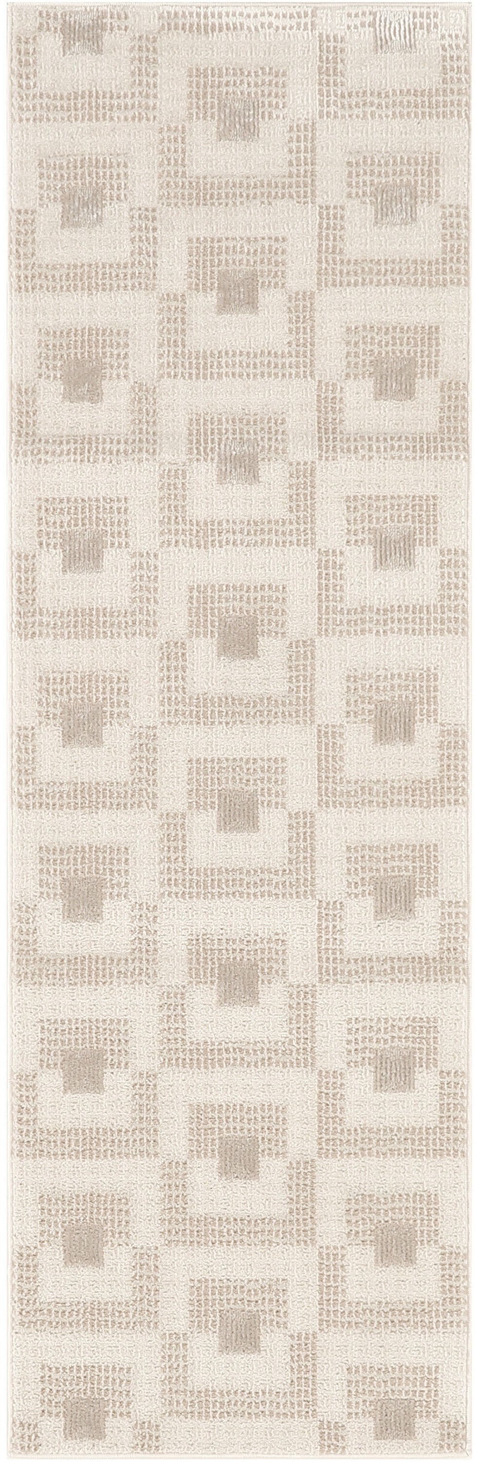 Beige geometric area rug with nested square patterns in cream and taupe; low-pile textured design.