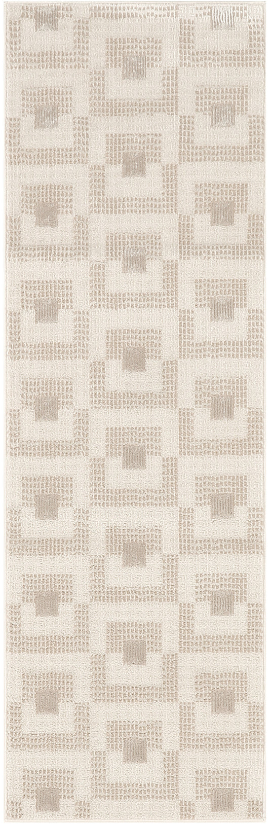 Beige geometric area rug with nested square patterns in cream and taupe; low-pile textured design.