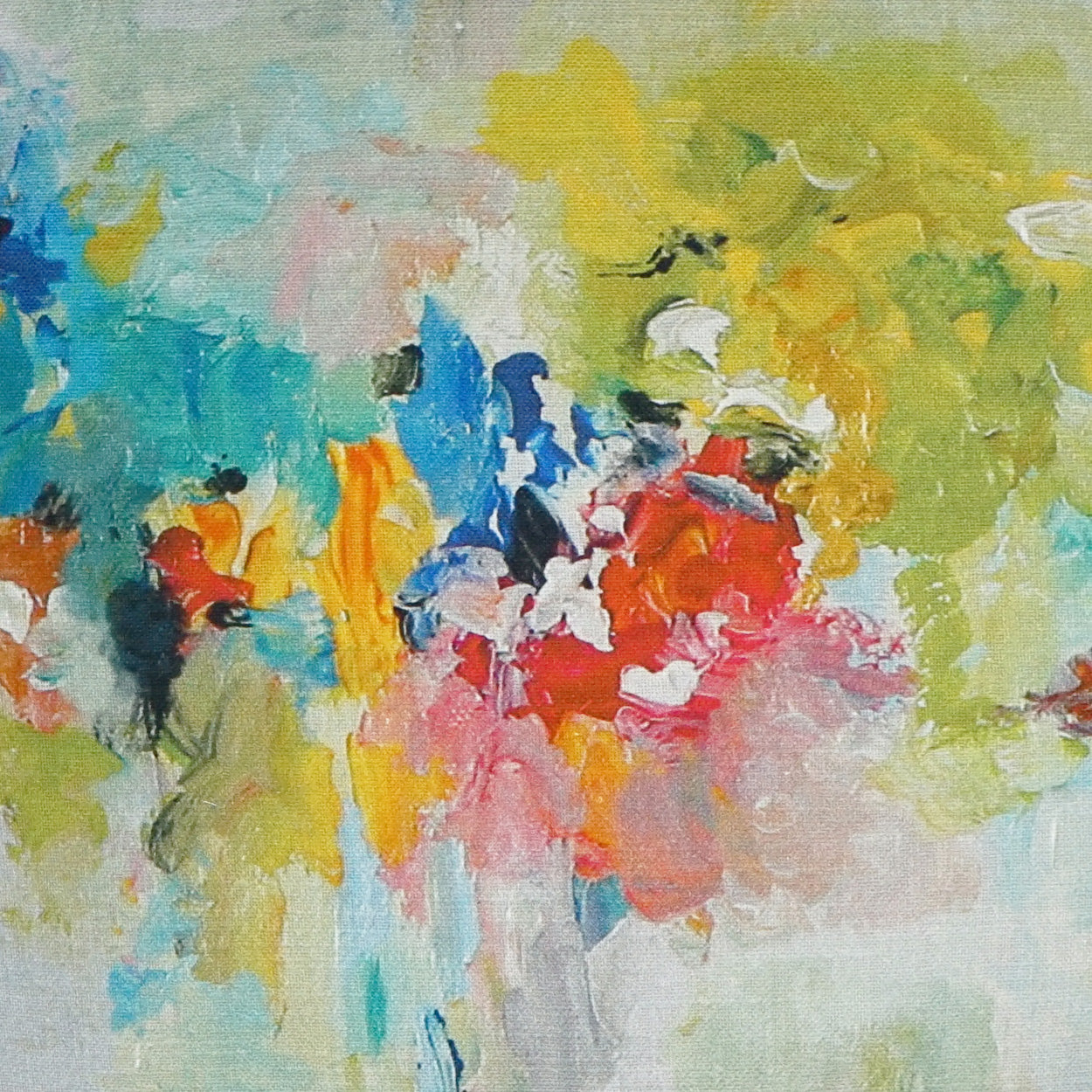 Abstract colorful painting with bold red, blue, yellow and green brushstrokes across the canvas.