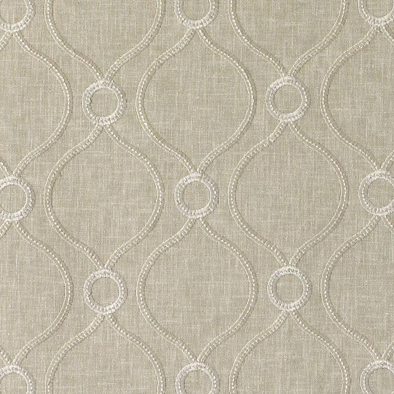 Beige linen-look fabric with white embroidered trellis lattice and circular accents; ideal for upholstery or drapery.