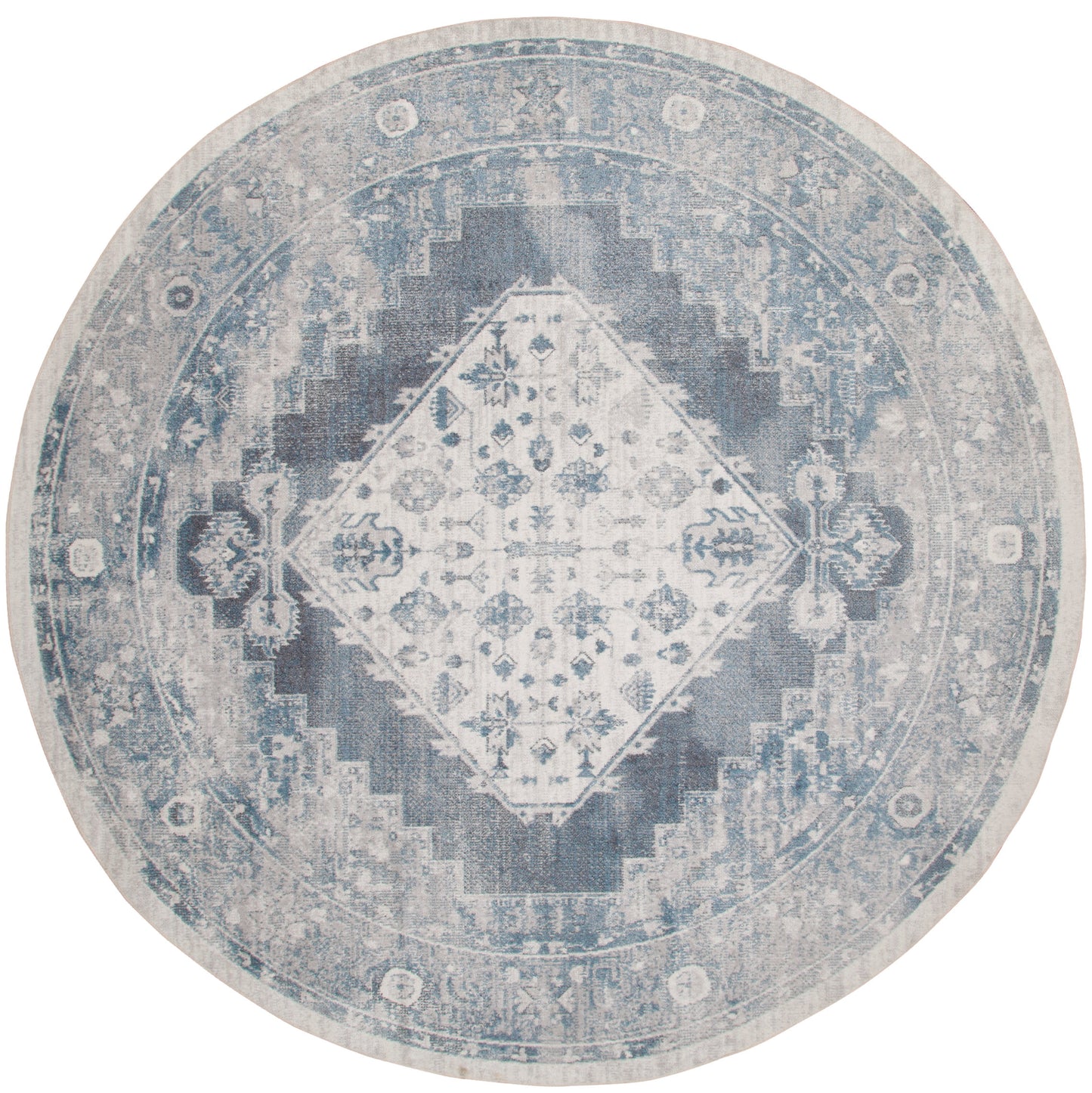 Round blue distressed oriental rug with a central diamond medallion and faded floral motifs.