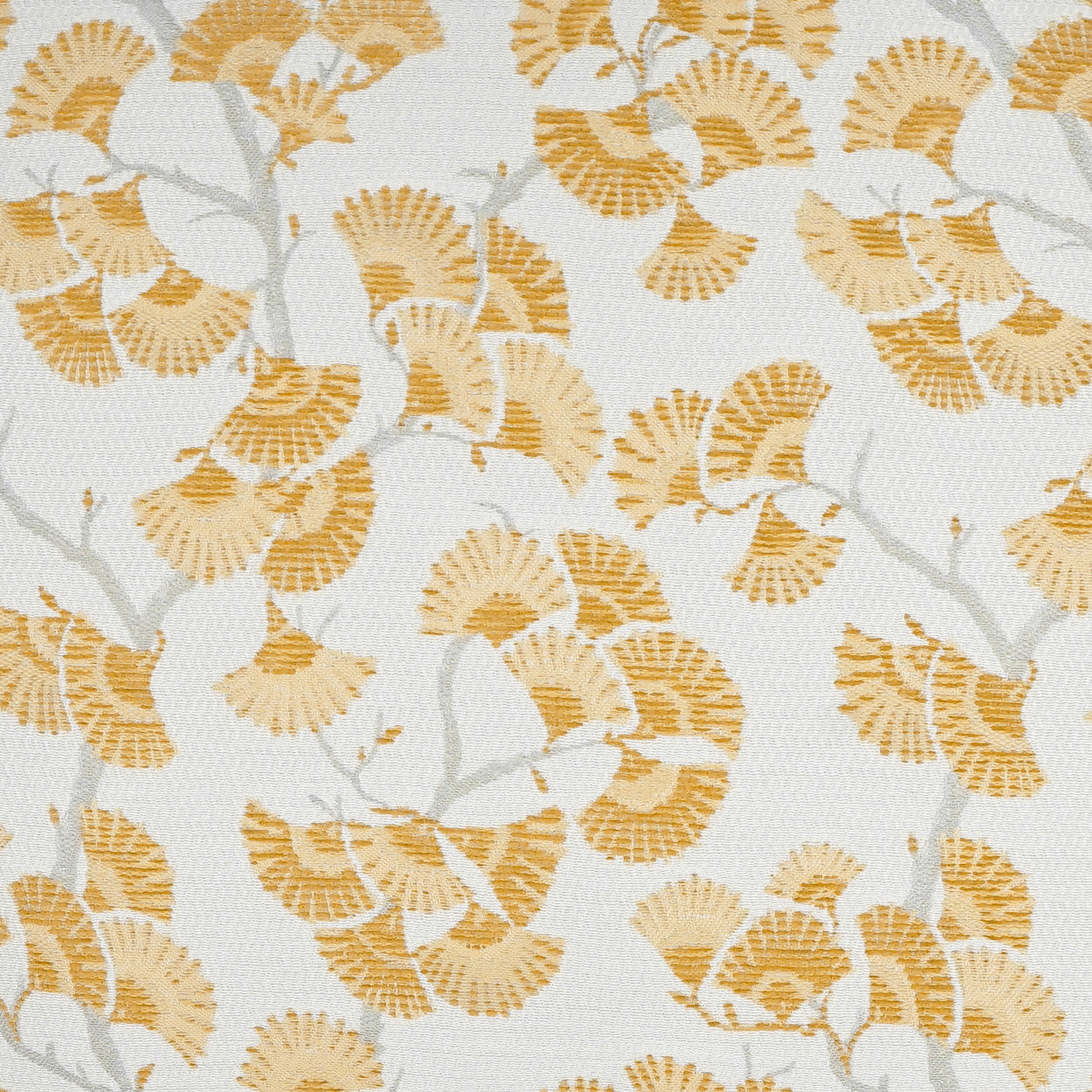 Gold ginkgo leaf botanical pattern on white textured fabric with pale gray stems.