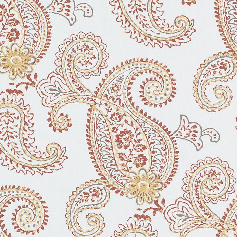 Paisley floral pattern on white fabric in red, gold and cream tones.