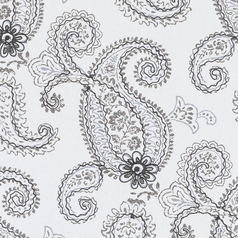 Gray and white paisley fabric pattern with swirling teardrop motifs and delicate floral accents.