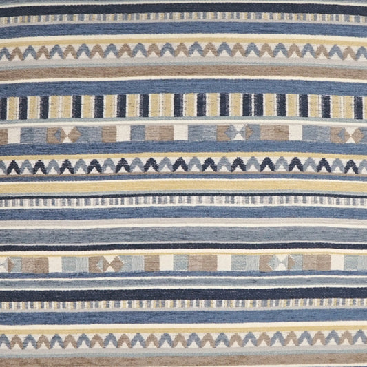 Striped woven fabric in blue, navy, beige and ivory with zigzag and geometric motifs; suitable for upholstery or decor.