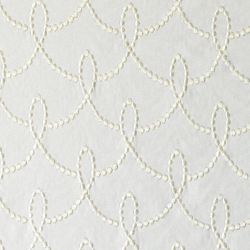 Cream chain-stitch embroidery on white upholstery fabric forming a repeating scalloped loop pattern; textured fabric.