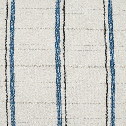 Beige woven fabric with bold blue vertical stripes and thin black lines; classic upholstery or curtain fabric.