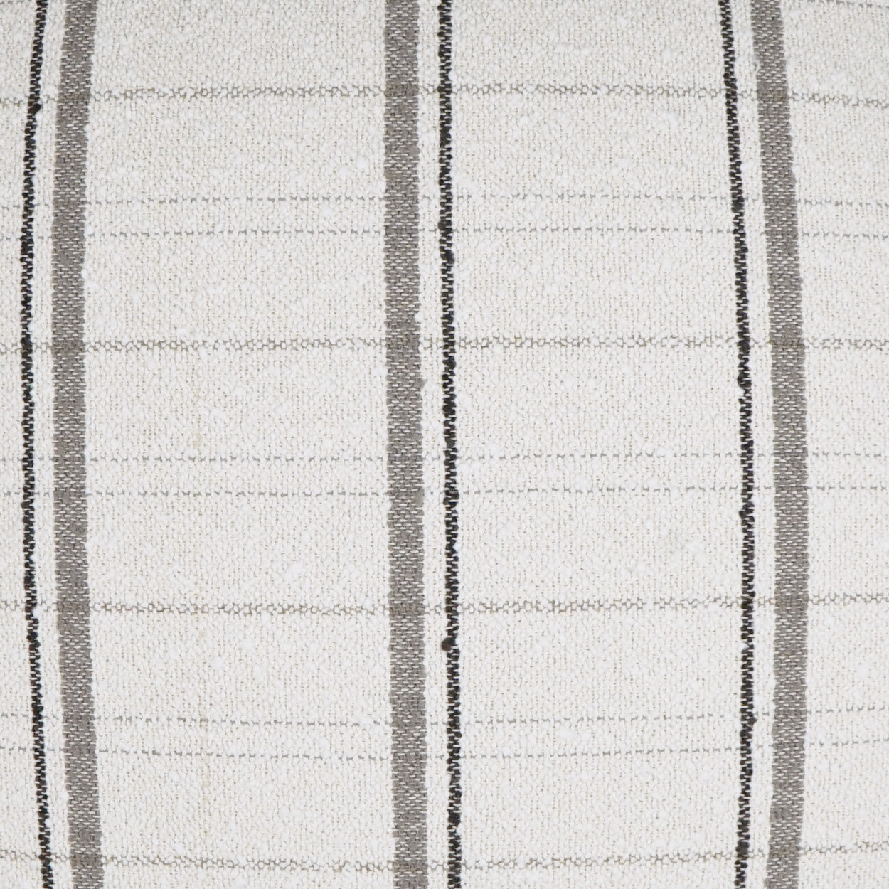 24 x 24 inch pillow in cream woven fabric with snow stripes, vertical gray stripes and thin dark borders; textured striped pattern.