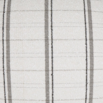 24 x 24 inch pillow in cream woven fabric with snow stripes, vertical gray stripes and thin dark borders; textured striped pattern.