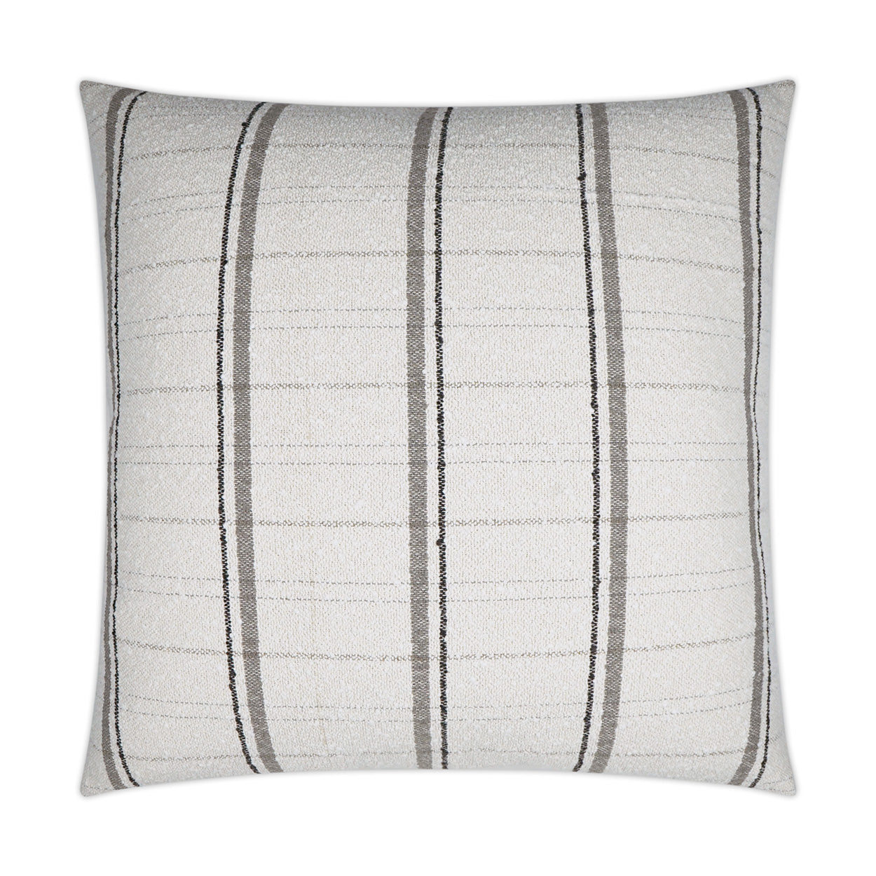 Cream woven square pillow with vertical grey and charcoal stripes for a textured, modern decorative accent.