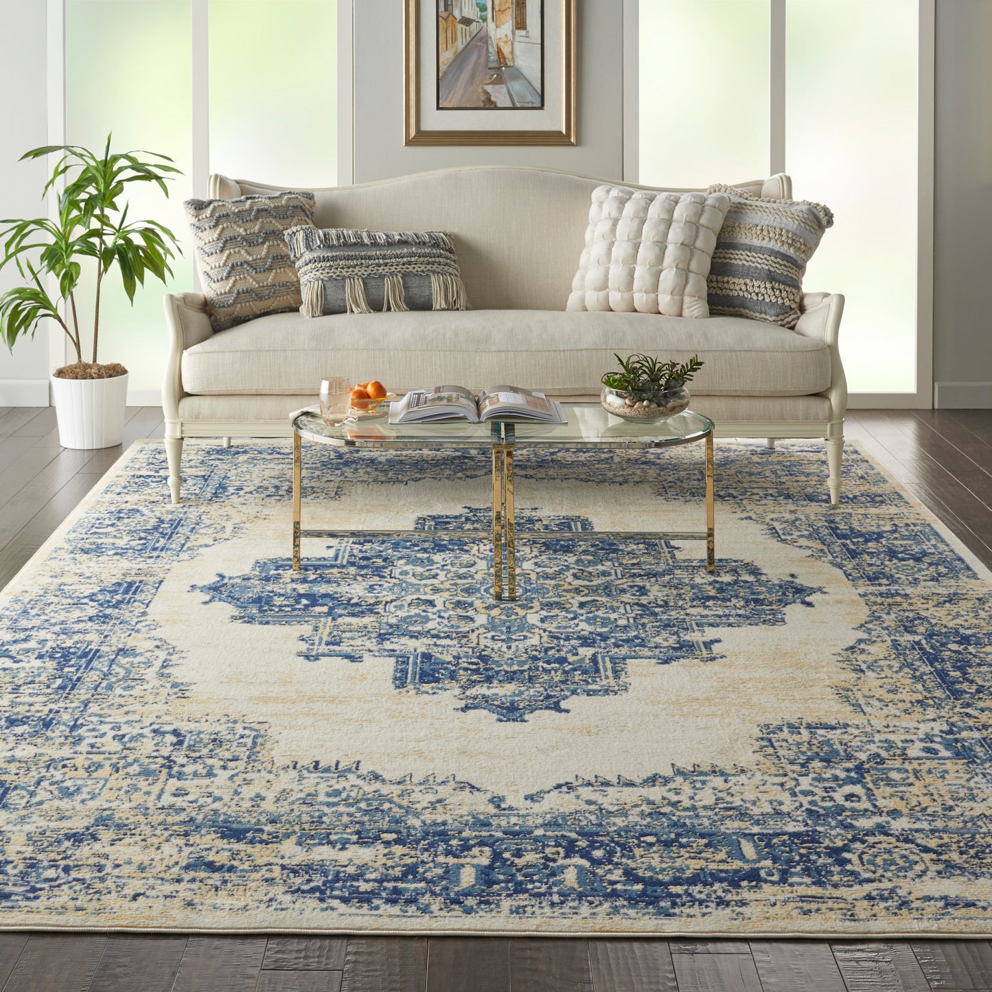 Blue-cream patterned vintage rug.