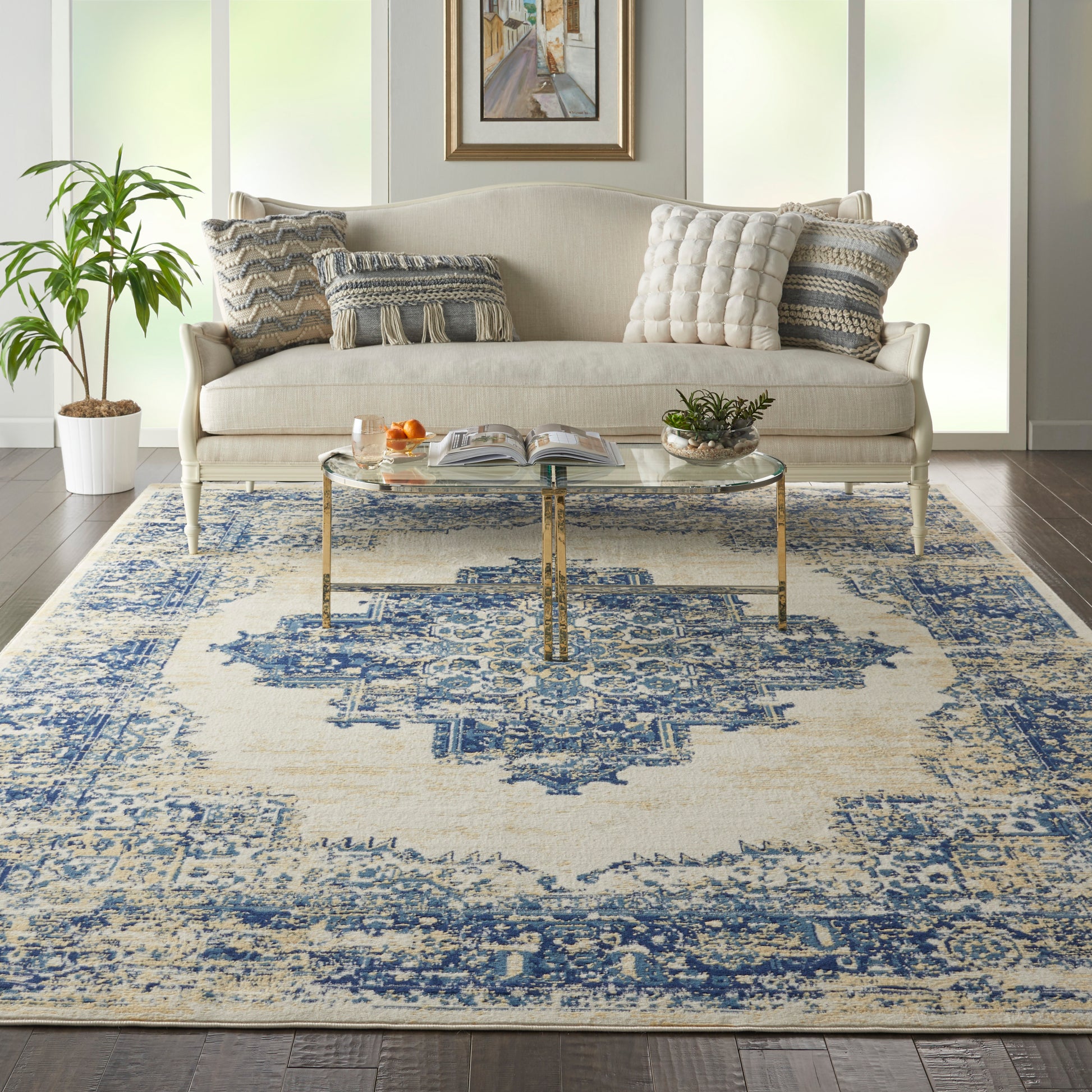 Blue-cream patterned vintage rug.