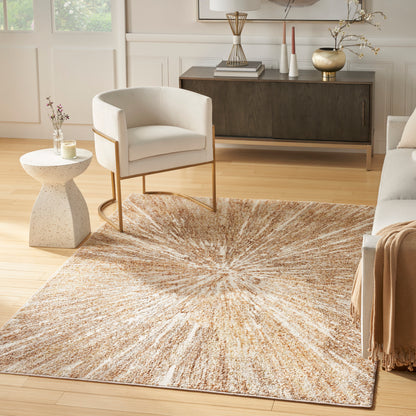 Cozy contemporary living room with beige sunburst rug, light floor, white armchair, concrete side table, and wood console.